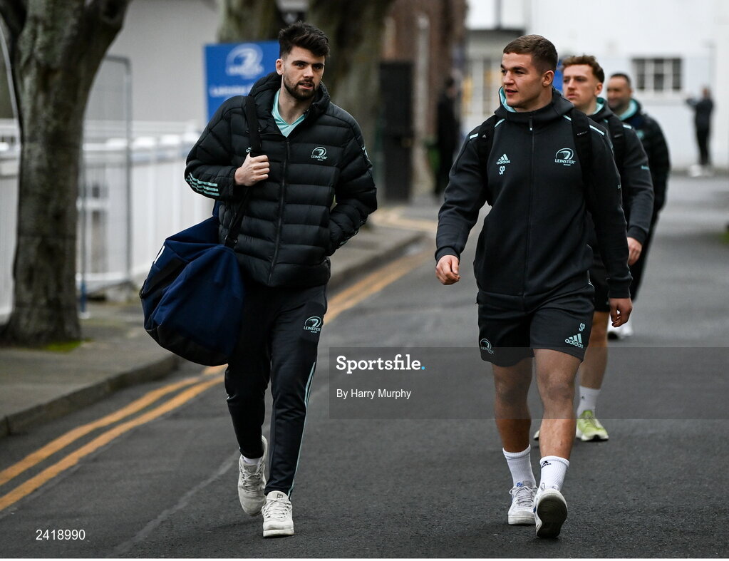 28 January 2023; Harry Byrne and Scott Penny of Leinster arrive before the United Rugby Championship match between Leinster and Cardiff at RDS Arena in Dublin. Photo by Harry Murphy/Sportsfile