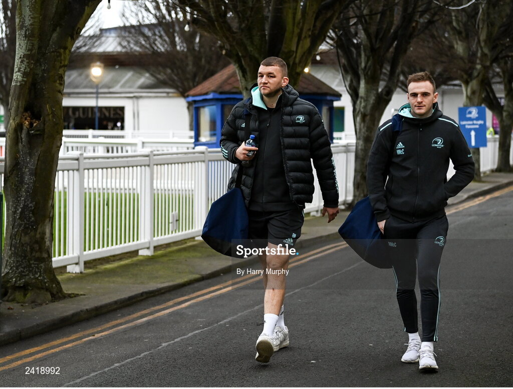 28 January 2023; Ross Molony and Nick McCarthy of Leinster arrive before the United Rugby Championship match between Leinster and Cardiff at RDS Arena in Dublin. Photo by Harry Murphy/Sportsfile