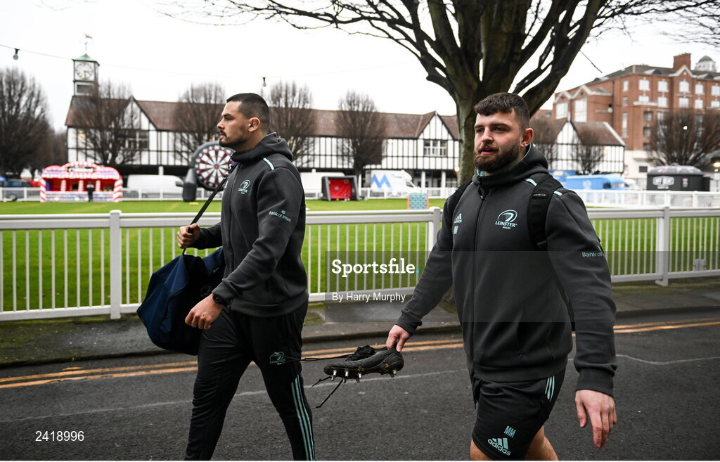 28 January 2023; Max Deegan and Michael Milne of Leinster arrive before the United Rugby Championship match between Leinster and Cardiff at RDS Arena in Dublin. Photo by Harry Murphy/Sportsfile