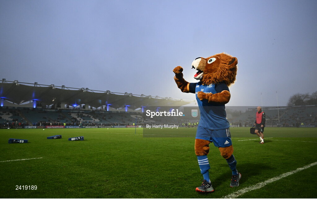 28 January 2023; Leinster mascot Leo the Lion before the United Rugby Championship match between Leinster and Cardiff at RDS Arena in Dublin. Photo by Harry Murphy/Sportsfile
