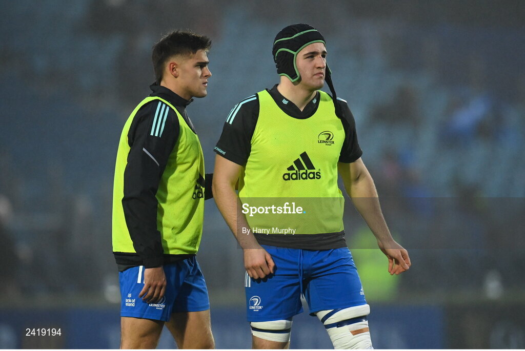 28 January 2023; Aitzol King, left, and James Culhane of Leinster before the United Rugby Championship match between Leinster and Cardiff at RDS Arena in Dublin. Photo by Harry Murphy/Sportsfile