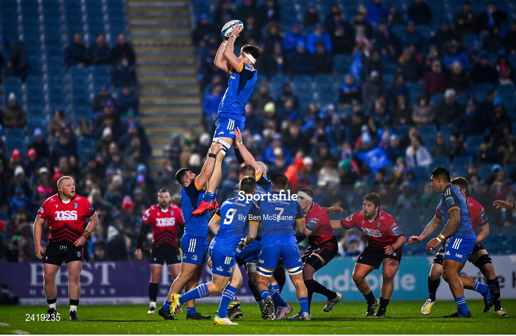 28 January 2023; Brian Deeny of Leinster wins possession in the lineout during the United Rugby Championship match between Leinster and Cardiff at RDS Arena in Dublin. Photo by Ben McShane/Sportsfile