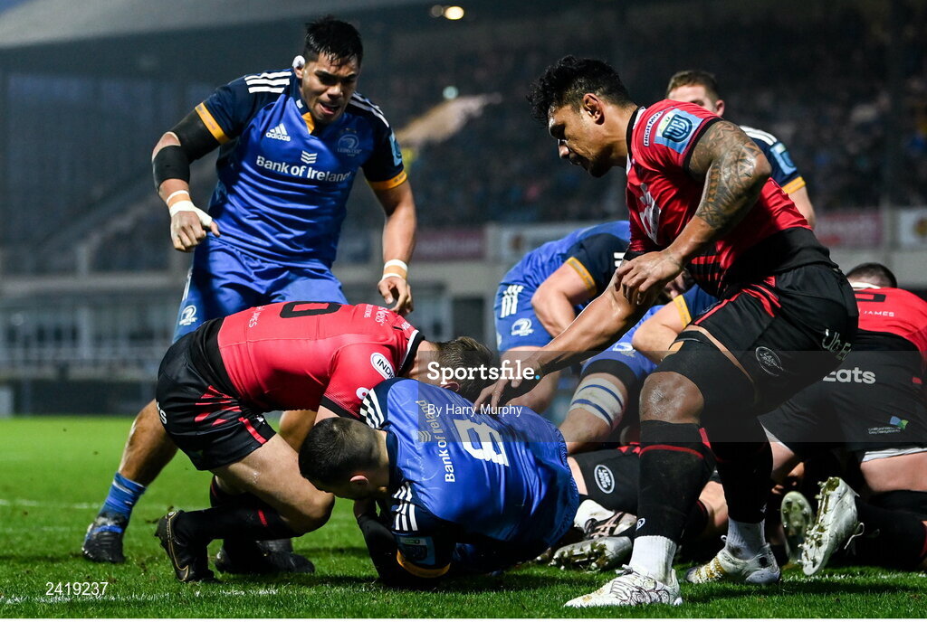 28 January 2023; Max Deegan of Leinster on his way to scoring his side's first try despite the tackle of Jarrod Evans of Cardiff during the United Rugby Championship match between Leinster and Cardiff at RDS Arena in Dublin. Photo by Harry Murphy/Sportsfile