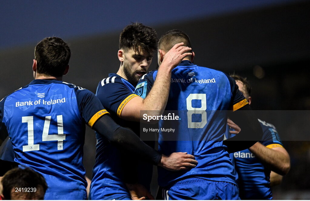 28 January 2023; Max Deegan of Leinster, 8, celebrates with teammate Harry Byrne after scoring his side's first try during the United Rugby Championship match between Leinster and Cardiff at RDS Arena in Dublin. Photo by Harry Murphy/Sportsfile