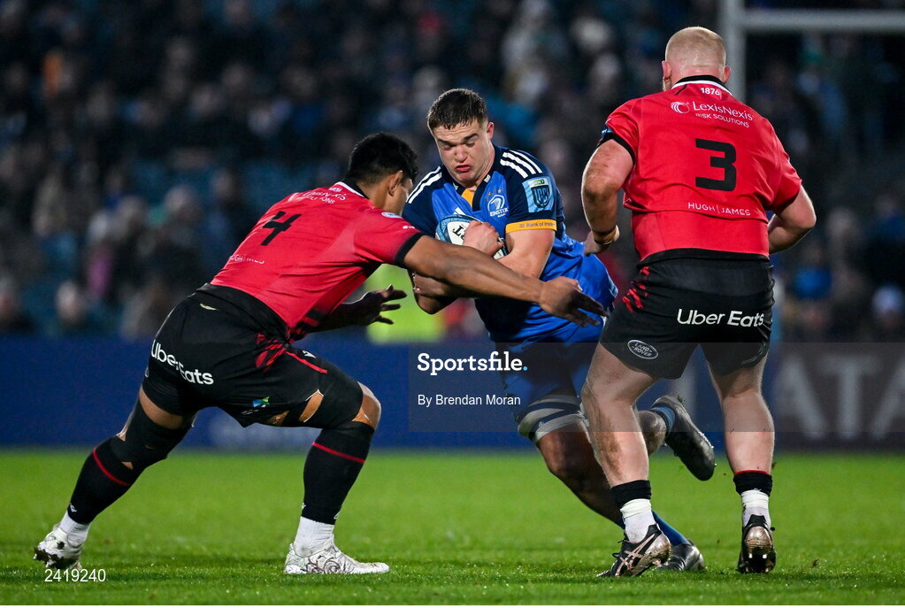 28 January 2023; Scott Penny of Leinster is tackled by Lopeti Timani and Kieron Assiratti of Cardiff during the United Rugby Championship match between Leinster and Cardiff at RDS Arena in Dublin. Photo by Brendan Moran/Sportsfile