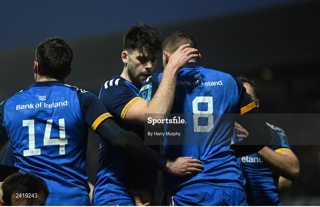 28 January 2023; Max Deegan of Leinster, 8, celebrates with teammate Harry Byrne after scoring his side's first try during the United Rugby Championship match between Leinster and Cardiff at RDS Arena in Dublin. Photo by Harry Murphy/Sportsfile
