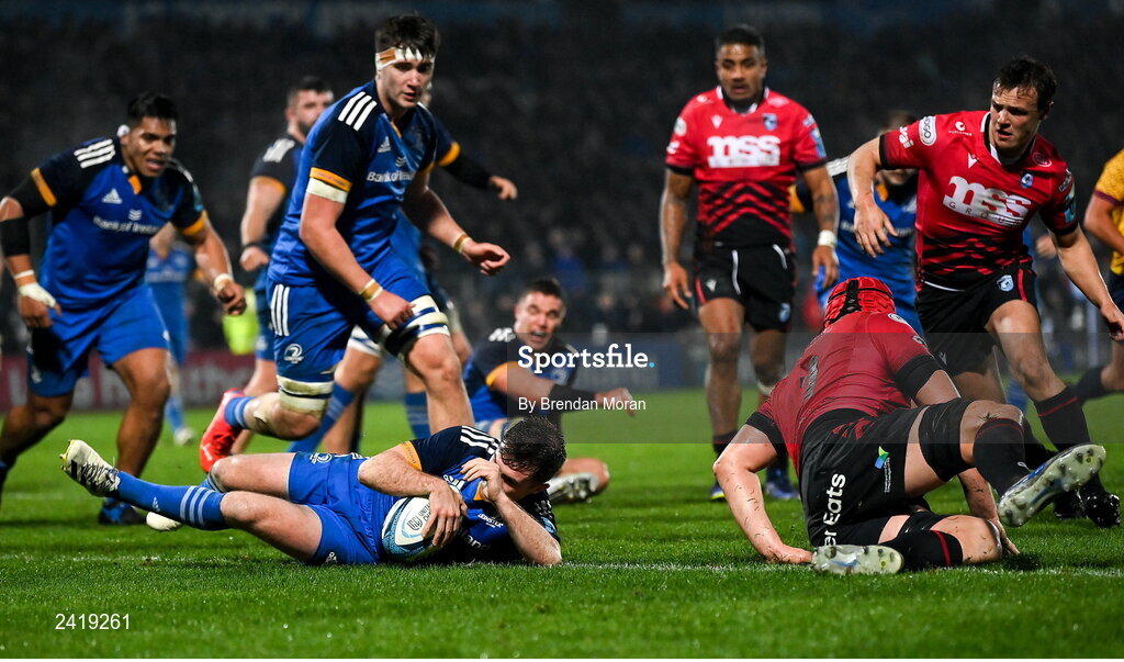 28 January 2023; Luke McGrath of Leinster scores his side's second try during the United Rugby Championship match between Leinster and Cardiff at RDS Arena in Dublin. Photo by Brendan Moran/Sportsfile
