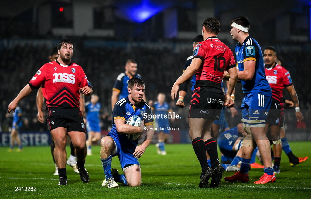28 January 2023; Luke McGrath of Leinster after scoring his side's second try during the United Rugby Championship match between Leinster and Cardiff at RDS Arena in Dublin. Photo by Brendan Moran/Sportsfile
