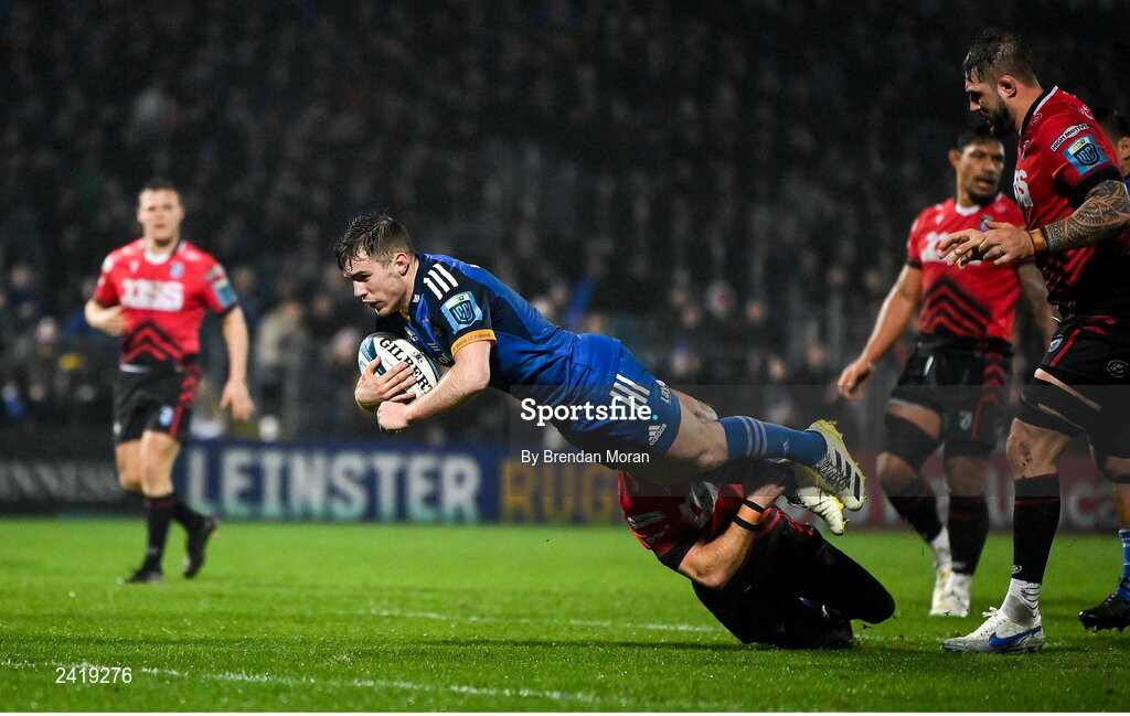 28 January 2023; Luke McGrath of Leinster scores his second and his side's third try during the United Rugby Championship match between Leinster and Cardiff at RDS Arena in Dublin. Photo by Brendan Moran/Sportsfile