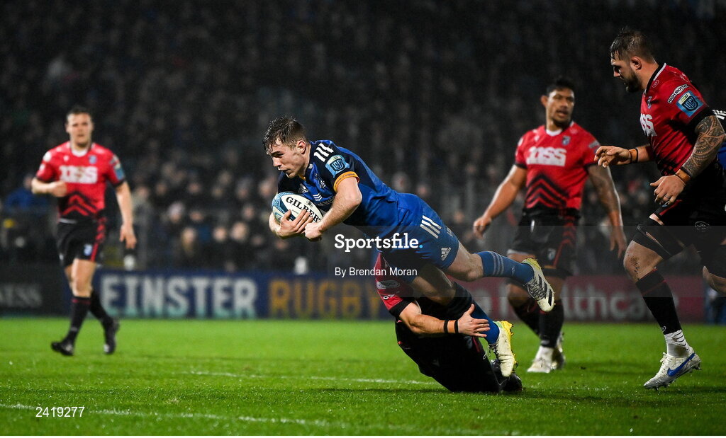 28 January 2023; Luke McGrath of Leinster scores his second and his side's third try during the United Rugby Championship match between Leinster and Cardiff at RDS Arena in Dublin. Photo by Brendan Moran/Sportsfile