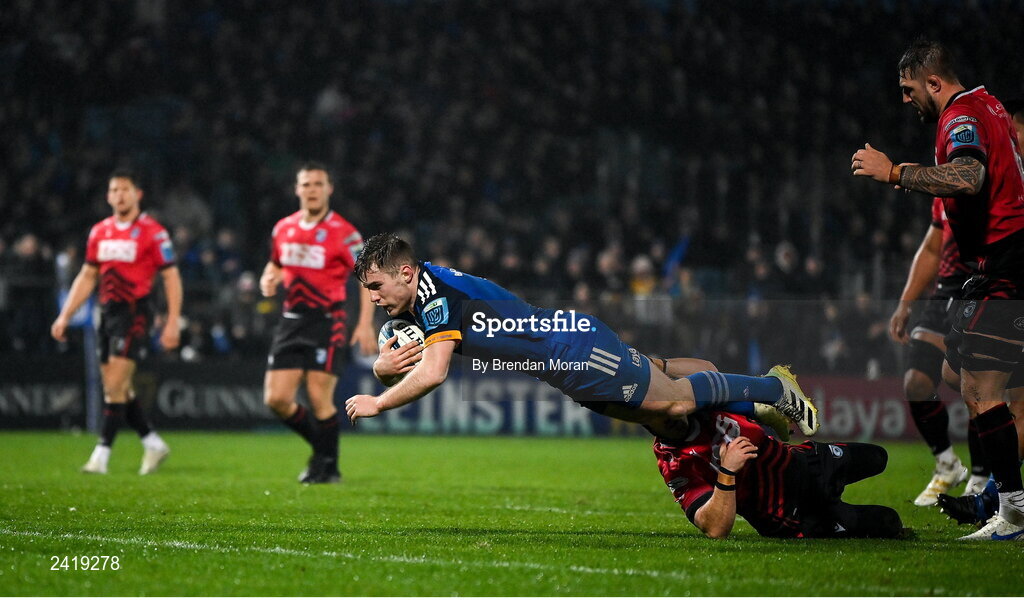 28 January 2023; Luke McGrath of Leinster scores his second and his side's third try during the United Rugby Championship match between Leinster and Cardiff at RDS Arena in Dublin. Photo by Brendan Moran/Sportsfile