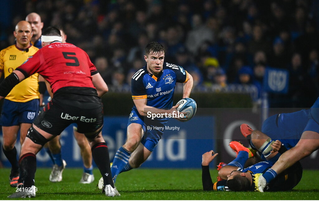 28 January 2023; Luke McGrath of Leinster makes a break on his way to scoring his side's third try during the United Rugby Championship match between Leinster and Cardiff at RDS Arena in Dublin. Photo by Harry Murphy/Sportsfile