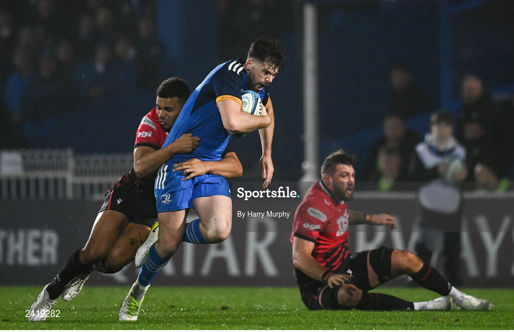 28 January 2023; Harry Byrne of Leinster is tackled by Ben Thomas of Cardiff during the United Rugby Championship match between Leinster and Cardiff at RDS Arena in Dublin. Photo by Harry Murphy/Sportsfile