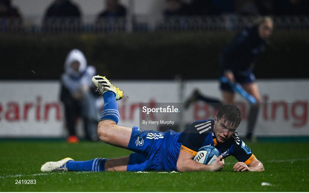 28 January 2023; Luke McGrath of Leinster dives over to score his side's third try during the United Rugby Championship match between Leinster and Cardiff at RDS Arena in Dublin. Photo by Harry Murphy/Sportsfile