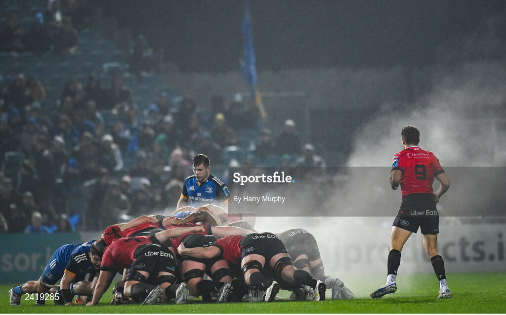 28 January 2023; A general view of a scrum during the United Rugby Championship match between Leinster and Cardiff at RDS Arena in Dublin. Photo by Harry Murphy/Sportsfile