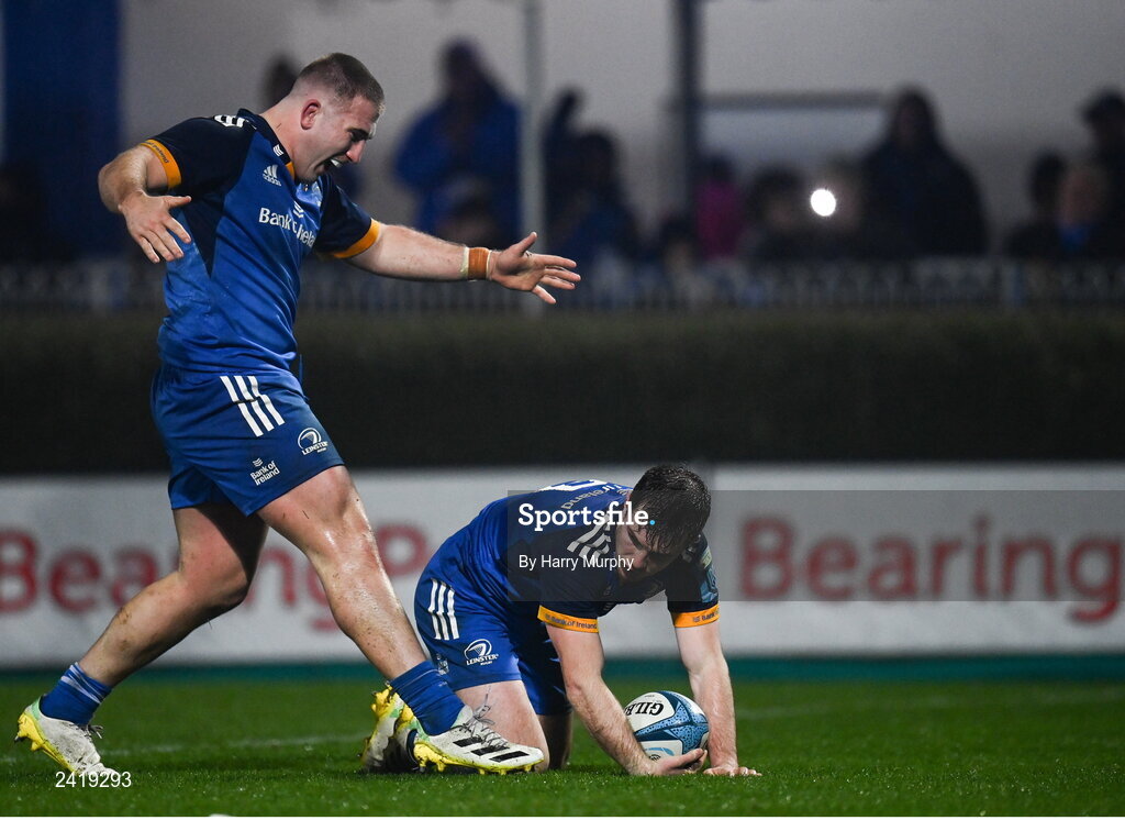 28 January 2023; Luke McGrath of Leinster celebrates with teammate John McKee after scoring his side's third try during the United Rugby Championship match between Leinster and Cardiff at RDS Arena in Dublin. Photo by Harry Murphy/Sportsfile