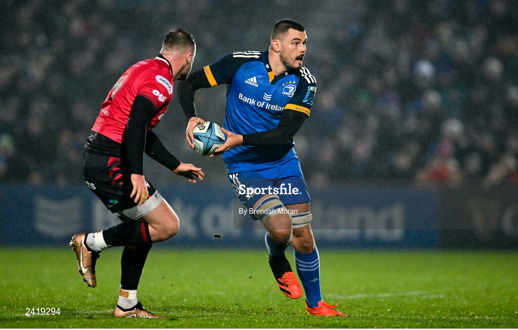 28 January 2023; Max Deegan of Leinster in action against Owen Lane of Cardiff during the United Rugby Championship match between Leinster and Cardiff at RDS Arena in Dublin. Photo by Brendan Moran/Sportsfile
