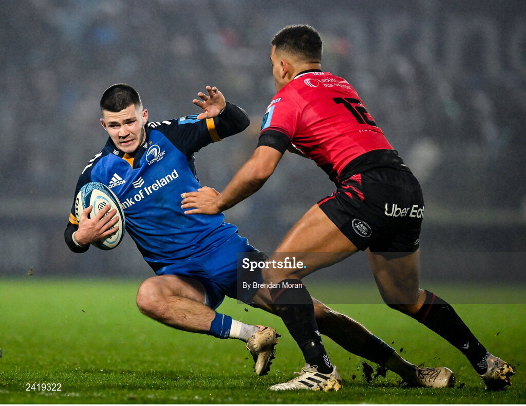 28 January 2023; Chris Cosgrave of Leinster in action against Ben Thomas of Cardiff during the United Rugby Championship match between Leinster and Cardiff at RDS Arena in Dublin. Photo by Brendan Moran/Sportsfile