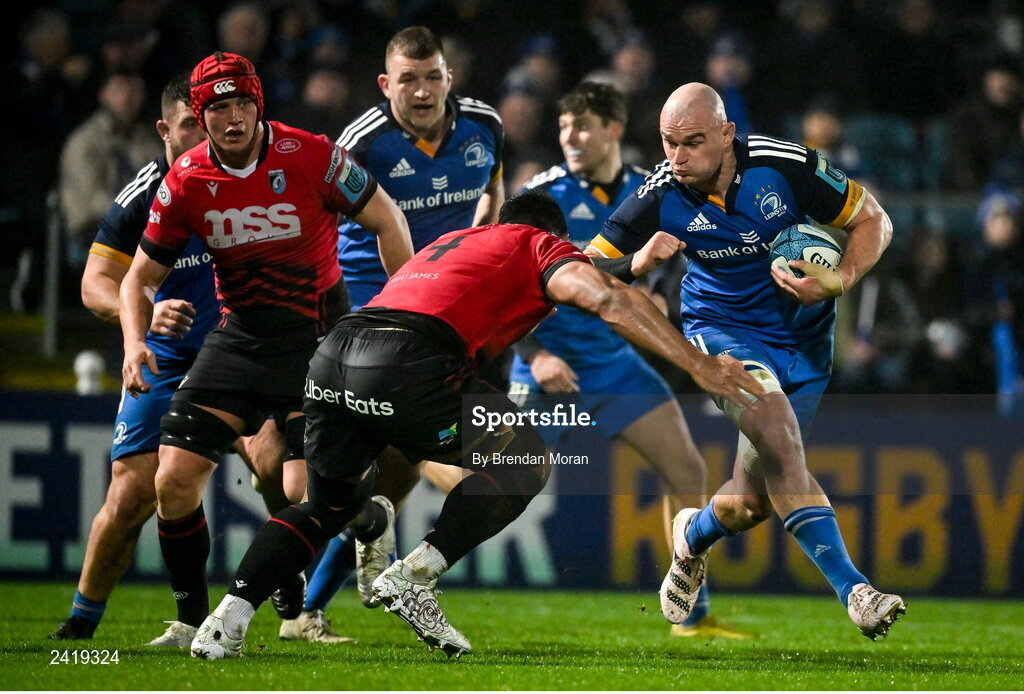 28 January 2023; Rhys Ruddock of Leinster is tackled by Lopeti Timani of Cardiff during the United Rugby Championship match between Leinster and Cardiff at RDS Arena in Dublin. Photo by Brendan Moran/Sportsfile