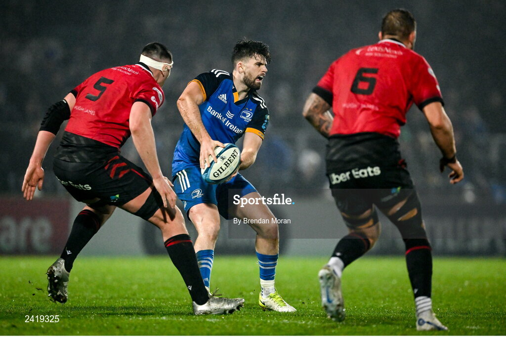 28 January 2023; Harry Byrne of Leinster in action against Seb Davies and Josh Turnbull of Cardiff during the United Rugby Championship match between Leinster and Cardiff at RDS Arena in Dublin. Photo by Brendan Moran/Sportsfile
