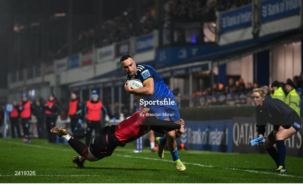 28 January 2023; Dave Kearney of Leinster is tackled by Owen Lane of Cardiff during the United Rugby Championship match between Leinster and Cardiff at RDS Arena in Dublin. Photo by Brendan Moran/Sportsfile