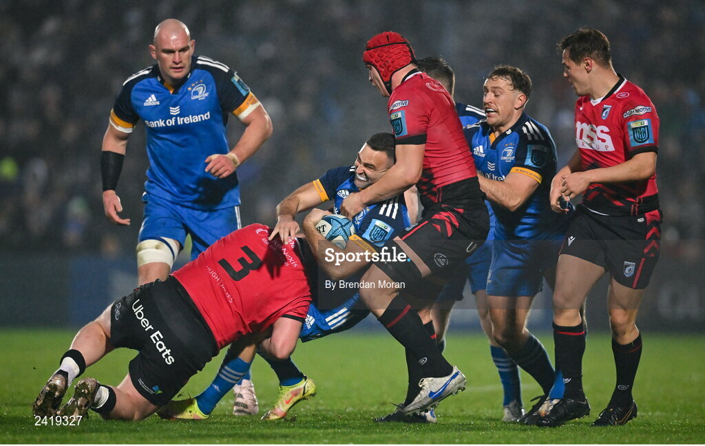 28 January 2023; Dave Kearney of Leinster is tackled by Kieron Assiratti and James Botham of Cardiff during the United Rugby Championship match between Leinster and Cardiff at RDS Arena in Dublin. Photo by Brendan Moran/Sportsfile
