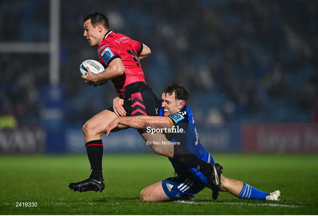 28 January 2023; Jarrod Evans of Cardiff in action against Liam Turner of Leinster during the United Rugby Championship match between Leinster and Cardiff at RDS Arena in Dublin. Photo by Ben McShane/Sportsfile