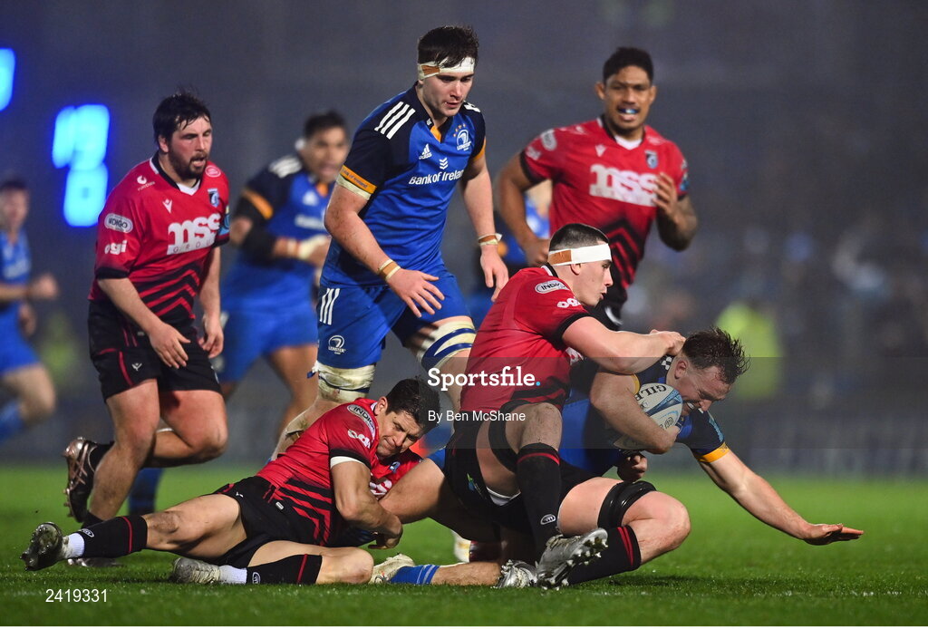 28 January 2023; Liam Turner of Leinster is tackled by Lloyd Williams, left, and Seb Davies of Cardiff during the United Rugby Championship match between Leinster and Cardiff at RDS Arena in Dublin. Photo by Ben McShane/Sportsfile
