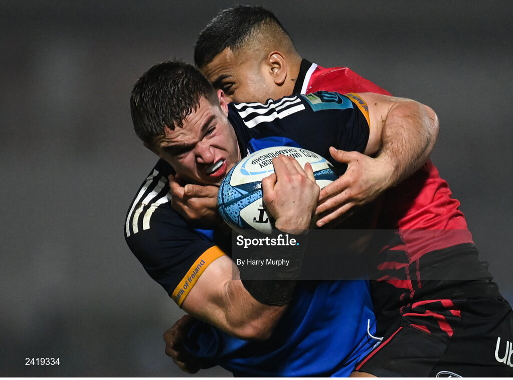 28 January 2023; Scott Penny of Leinster is tackled by Rey Lee-Lo of Cardiff during the United Rugby Championship match between Leinster and Cardiff at RDS Arena in Dublin. Photo by Harry Murphy/Sportsfile
