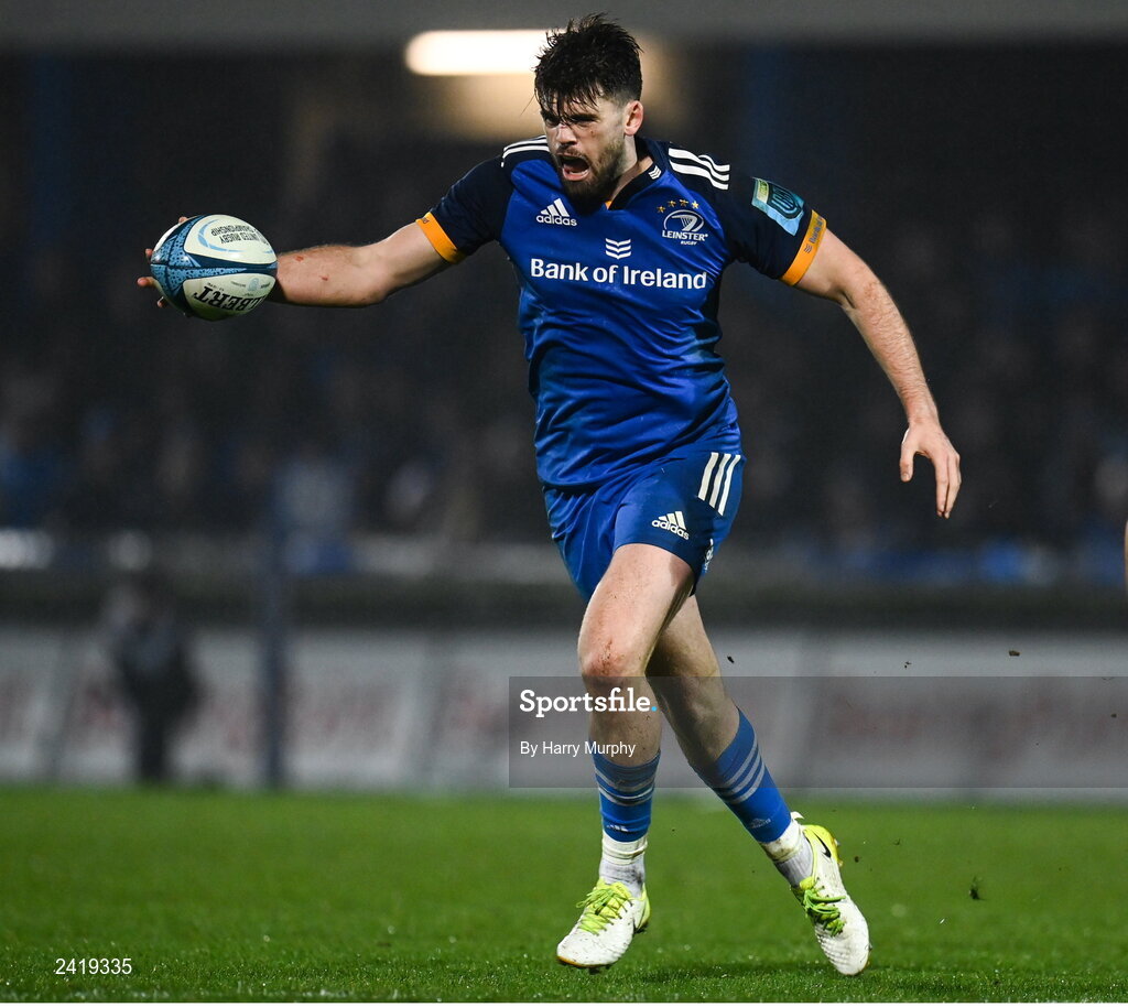 28 January 2023; Harry Byrne of Leinster during the United Rugby Championship match between Leinster and Cardiff at RDS Arena in Dublin. Photo by Harry Murphy/Sportsfile
