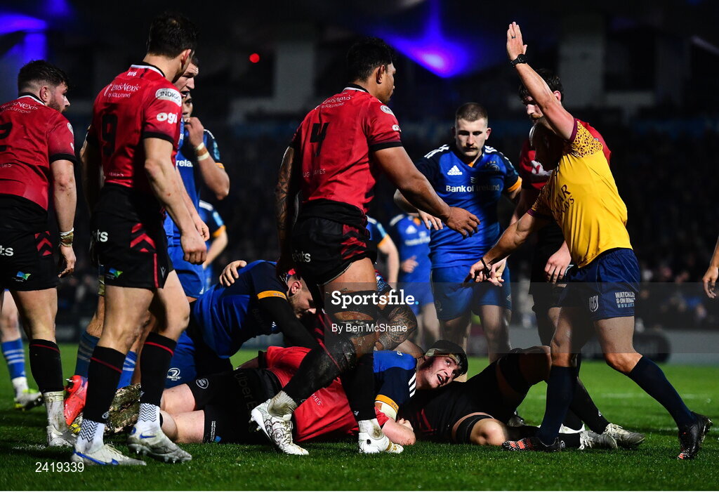 28 January 2023; Referee Jaco Peyper signals a fourth try for Leinster, scored by Brian Deeny, during the United Rugby Championship match between Leinster and Cardiff at RDS Arena in Dublin. Photo by Ben McShane/Sportsfile