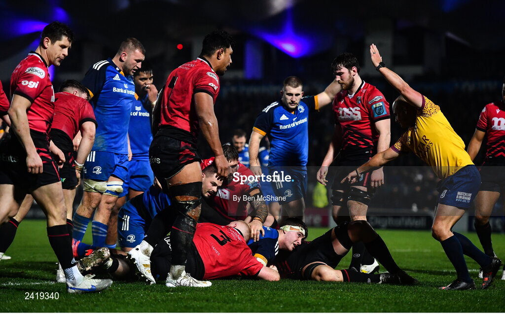 28 January 2023; Referee Jaco Peyper signals a fourth try for Leinster, scored by Brian Deeny, during the United Rugby Championship match between Leinster and Cardiff at RDS Arena in Dublin. Photo by Ben McShane/Sportsfile