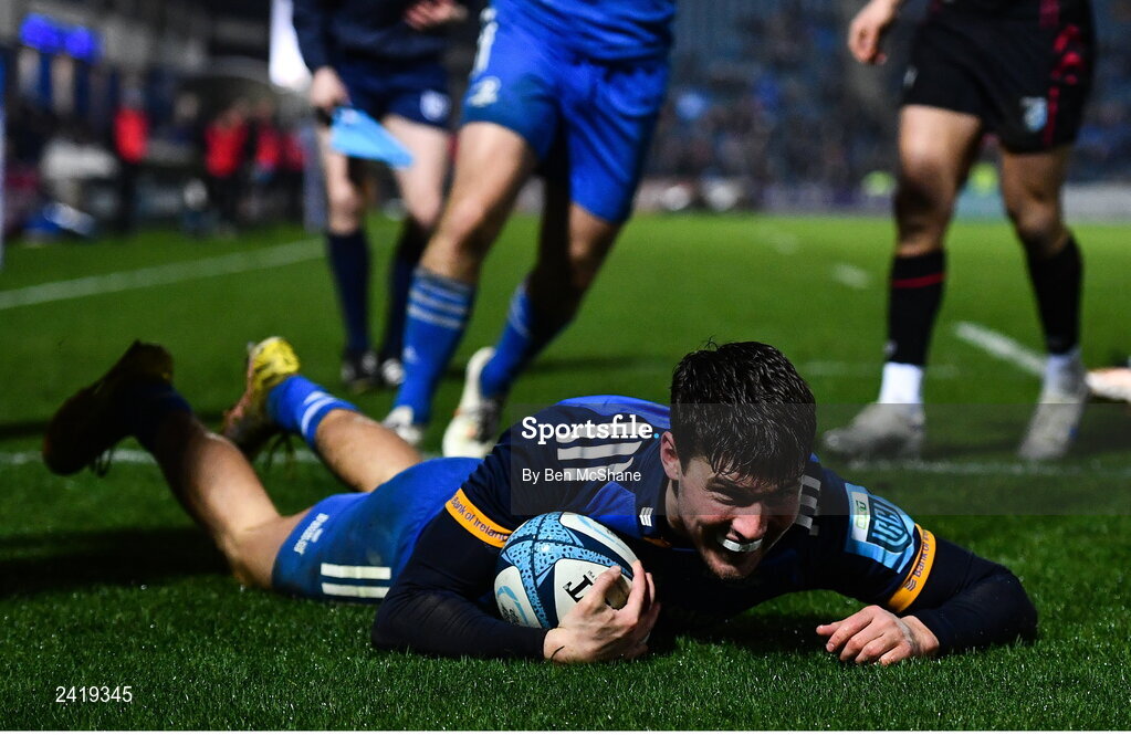 28 January 2023; Max O'Reilly of Leinster scores his side's fifth try during the United Rugby Championship match between Leinster and Cardiff at RDS Arena in Dublin. Photo by Ben McShane/Sportsfile