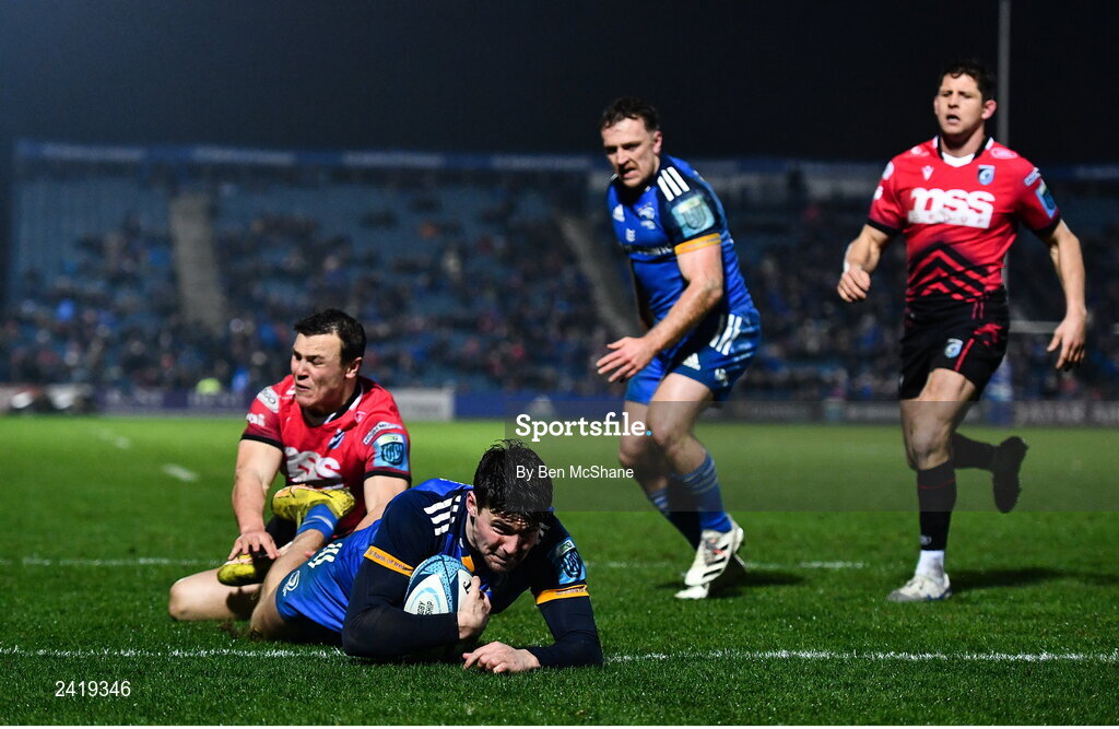 28 January 2023; Max O'Reilly of Leinster scores his side's fifth try during the United Rugby Championship match between Leinster and Cardiff at RDS Arena in Dublin. Photo by Ben McShane/Sportsfile