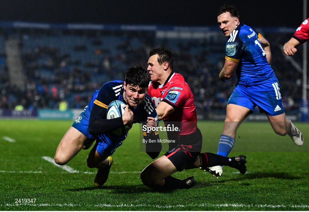 28 January 2023; Max O'Reilly of Leinster on his way to scoring his side's fifth try during the United Rugby Championship match between Leinster and Cardiff at RDS Arena in Dublin. Photo by Ben McShane/Sportsfile