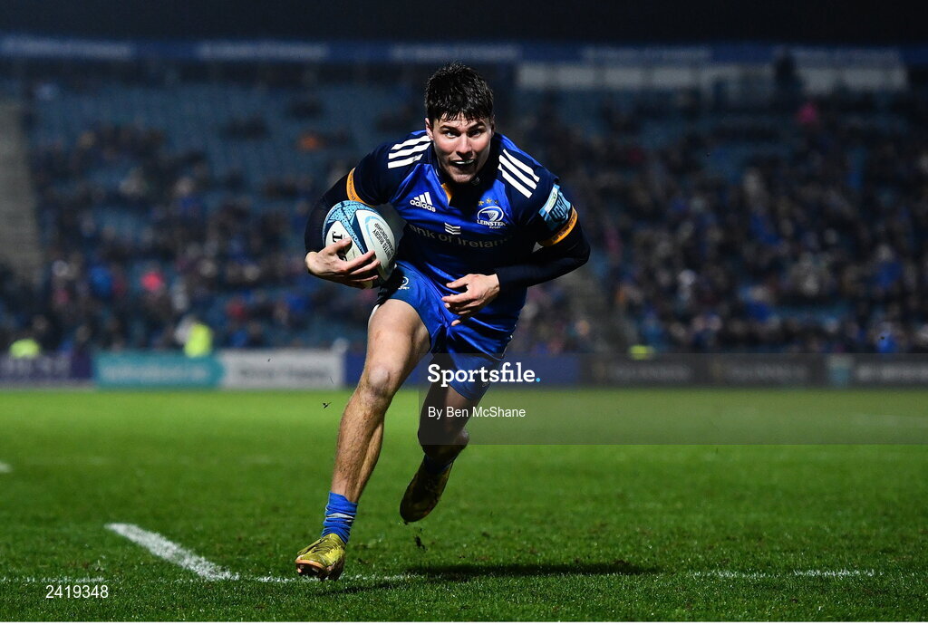 28 January 2023; Max O'Reilly of Leinster on his way to scoring his side's fifth try during the United Rugby Championship match between Leinster and Cardiff at RDS Arena in Dublin. Photo by Ben McShane/Sportsfile