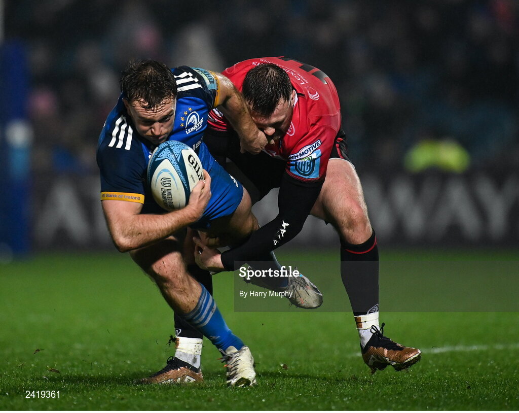 28 January 2023; Liam Turner of Leinster is tackled by Owen Lane of Cardiff during the United Rugby Championship match between Leinster and Cardiff at RDS Arena in Dublin. Photo by Harry Murphy/Sportsfile