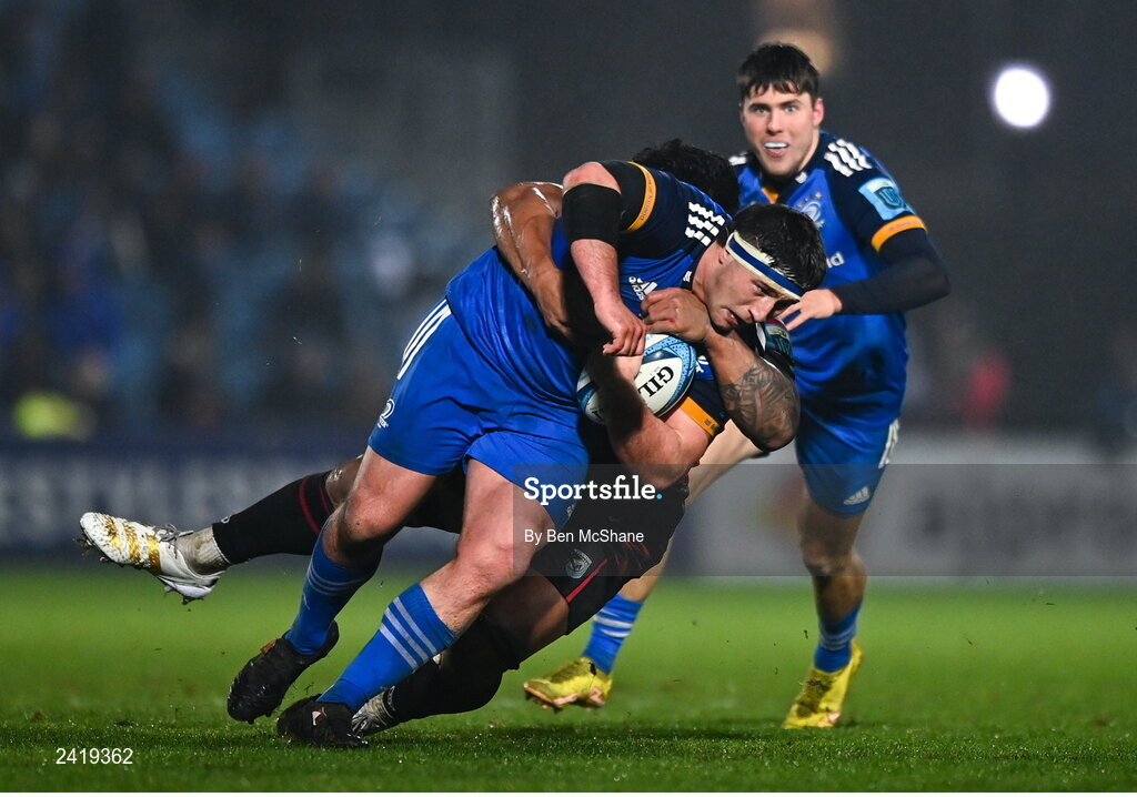 28 January 2023; Thomas Clarkson of Leinster is tackled by Lopeti Timani of Cardiff during the United Rugby Championship match between Leinster and Cardiff at RDS Arena in Dublin. Photo by Ben McShane/Sportsfile