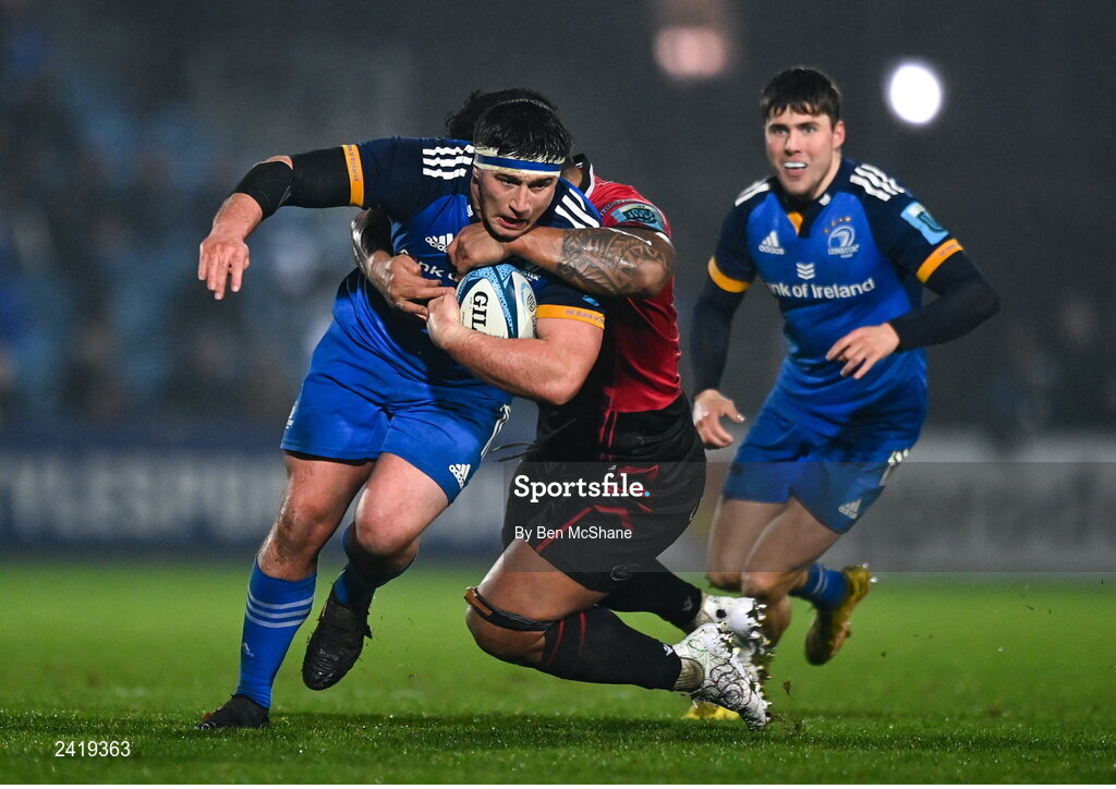28 January 2023; Thomas Clarkson of Leinster is tackled by Lopeti Timani of Cardiff during the United Rugby Championship match between Leinster and Cardiff at RDS Arena in Dublin. Photo by Ben McShane/Sportsfile