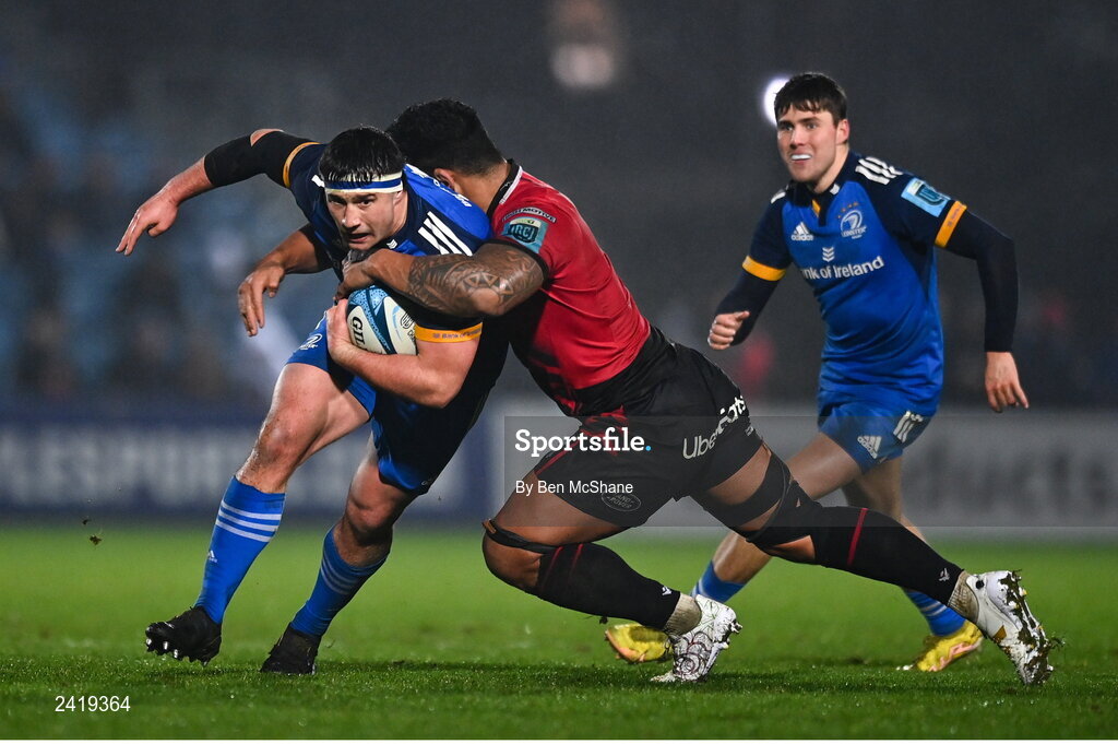 28 January 2023; Thomas Clarkson of Leinster is tackled by Lopeti Timani of Cardiff during the United Rugby Championship match between Leinster and Cardiff at RDS Arena in Dublin. Photo by Ben McShane/Sportsfile