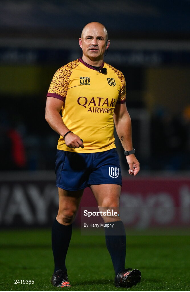 28 January 2023; Referee Jaco Peyper during the United Rugby Championship match between Leinster and Cardiff at RDS Arena in Dublin. Photo by Harry Murphy/Sportsfile