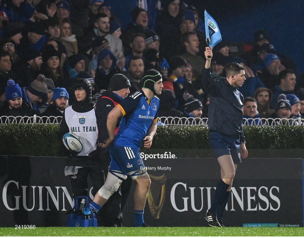 28 January 2023; James Culhane of Leinster runs out for his Leinster debut during the United Rugby Championship match between Leinster and Cardiff at RDS Arena in Dublin. Photo by Harry Murphy/Sportsfile