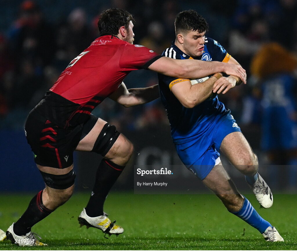 28 January 2023; Ben Brownlee of Leinster is tackled by James Ratti of Cardiff during the United Rugby Championship match between Leinster and Cardiff at RDS Arena in Dublin. Photo by Harry Murphy/Sportsfile
