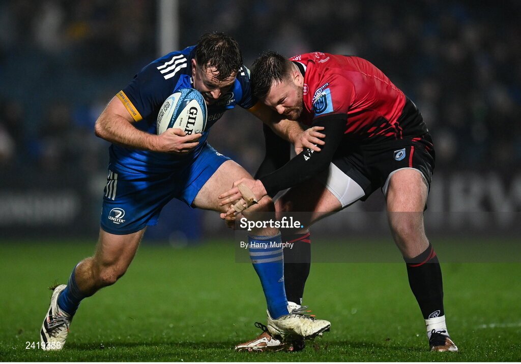 28 January 2023; Liam Turner of Leinster is tackled by Owen Lane of Cardiff during the United Rugby Championship match between Leinster and Cardiff at RDS Arena in Dublin. Photo by Harry Murphy/Sportsfile
