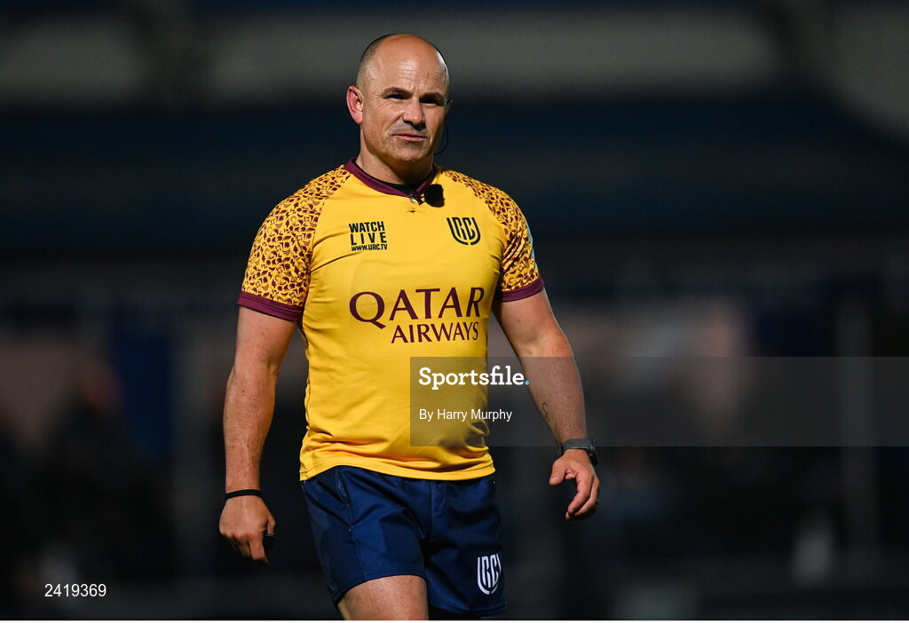 28 January 2023; Referee Jaco Peyper during the United Rugby Championship match between Leinster and Cardiff at RDS Arena in Dublin. Photo by Harry Murphy/Sportsfile