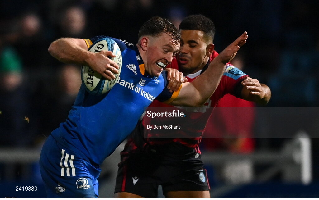 28 January 2023; Liam Turner of Leinster is tackled by Ben Thomas of Cardiff on his way to scoring his side's sixth try during the United Rugby Championship match between Leinster and Cardiff at RDS Arena in Dublin. Photo by Ben McShane/Sportsfile