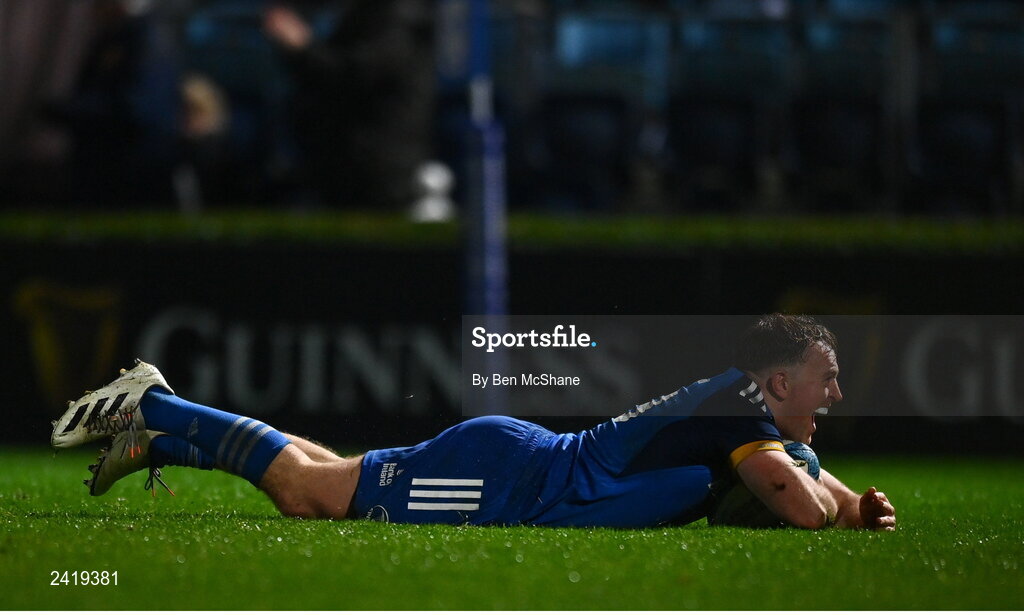 28 January 2023; Liam Turner of Leinster after scoring his side's sixth try during the United Rugby Championship match between Leinster and Cardiff at RDS Arena in Dublin. Photo by Ben McShane/Sportsfile