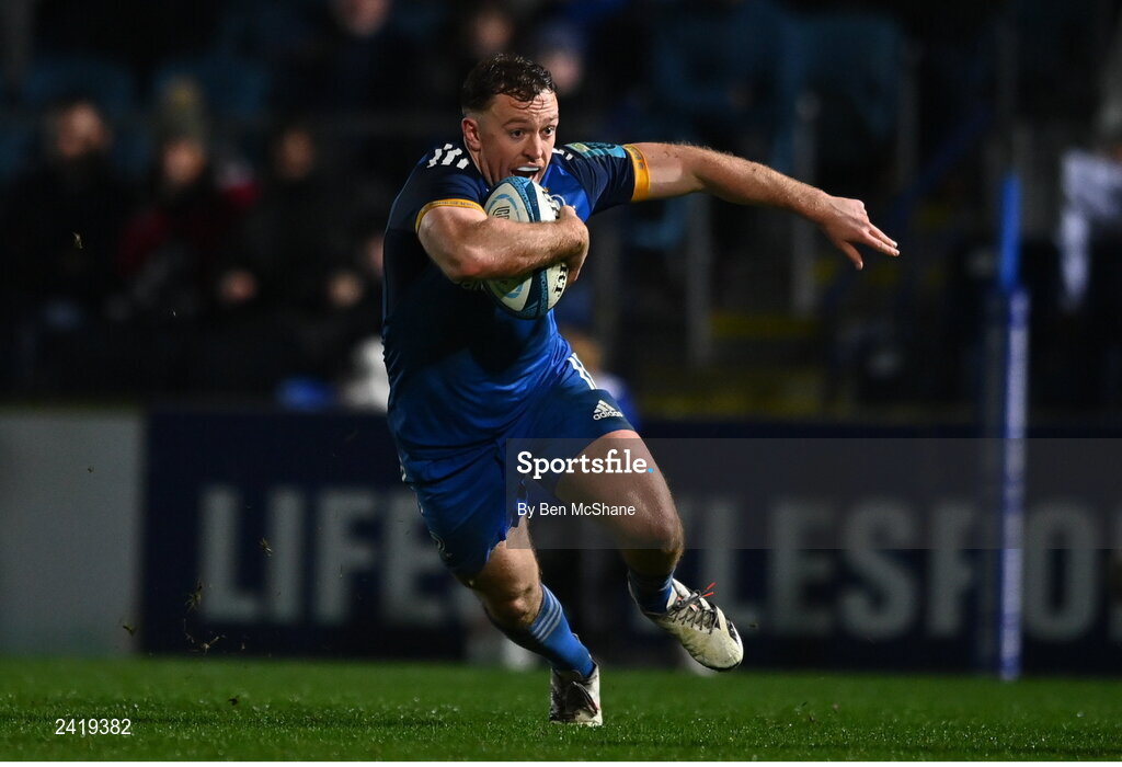 28 January 2023; Liam Turner of Leinster makes a break on his way to scoring his side's sixth try during the United Rugby Championship match between Leinster and Cardiff at RDS Arena in Dublin. Photo by Ben McShane/Sportsfile
