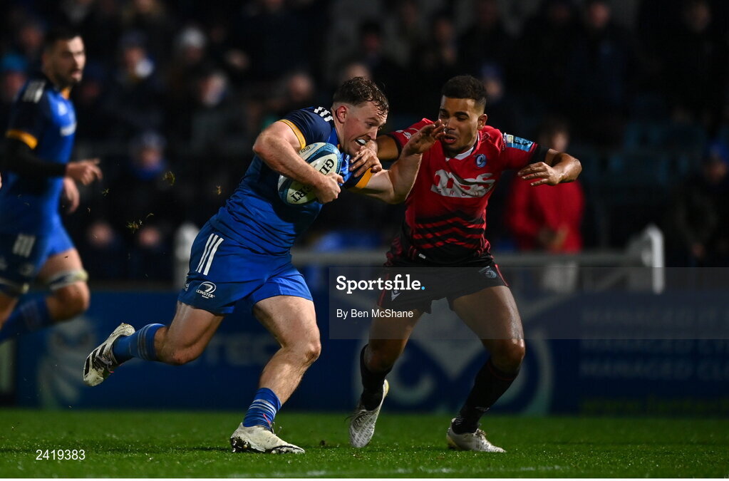28 January 2023; Liam Turner of Leinster is tackled by Ben Thomas of Cardiff on his way to scoring his side's sixth try during the United Rugby Championship match between Leinster and Cardiff at RDS Arena in Dublin. Photo by Ben McShane/Sportsfile