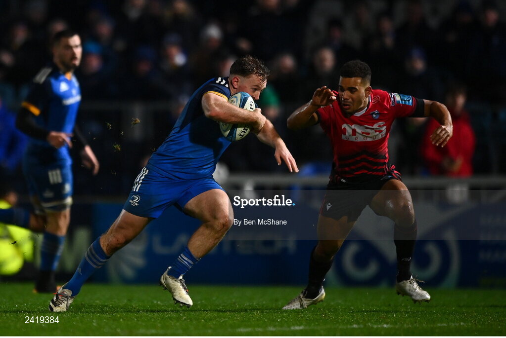 28 January 2023; Liam Turner of Leinster is tackled by Ben Thomas of Cardiff on his way to scoring his side's sixth try during the United Rugby Championship match between Leinster and Cardiff at RDS Arena in Dublin. Photo by Ben McShane/Sportsfile